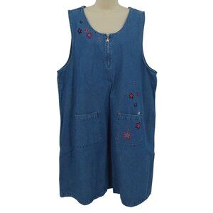 Christopher Banks Women 20W Blue Denim Embroidered Red Stars Zipper Dress Pocket